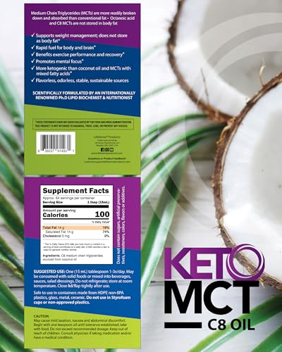LifeSense C8 MCT Oil, Keto-Friendly, Sourced from Coconut Oil, Clinically Proven to Increase Ketone Production, Optimal Fuel for the Brain and Body