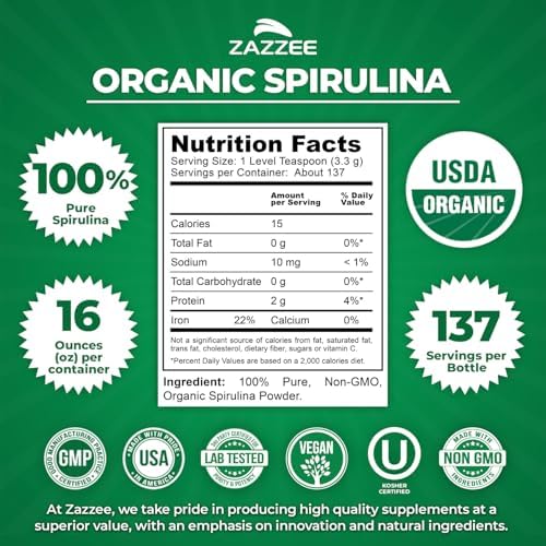 Zazzee USDA Organic Spirulina Powder, 2.2 Pounds (1 KG), 303 Servings | Certified Kosher, 100% Pure, Non-Irradiated, Mess-Free Wide Mouth Container, Fresh Smell, Neutral Taste, Non-GMO, Made in USA