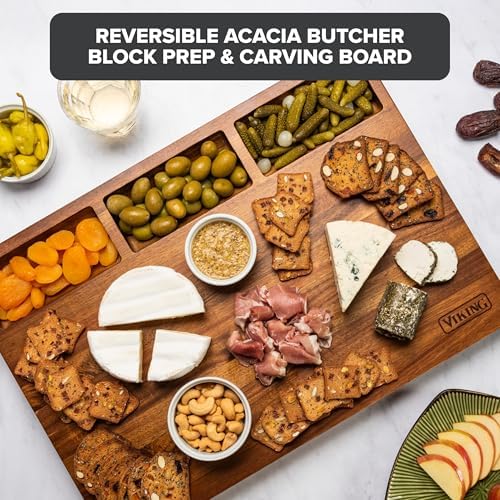 Viking Cutting Board, Acacia Wood Kitchen Butcher Block Carving Board with Juice Groove and Metal Handles, 23 x 14 x 1 Inch