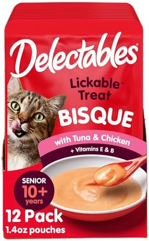 Delectables Lickable Treat Bisque Senior 10+ Wet Cat Treat with Real Tuna & Chicken, Food Topper, Hydrating, Grain-Free, No Fillers, By-Products, Added Preservatives, 1.4oz Pouch, 12ct