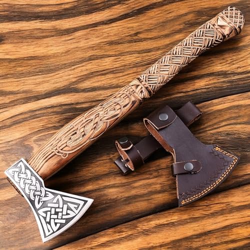 Poshland AX-7000 Custom Gift Forged Carbon Steel Viking Axe with Rose Wood Shaft, Viking Bearded Camping Axe