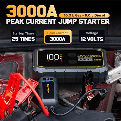 GS300 Car Jump Starter, 3000A Portable Battery Jumper Starter for Up to 10.0L Gas & 8.0L Diesel Engines, 59.2WH 12V Jump Box with Storage Case
