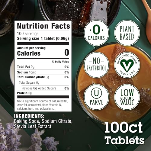 Stevia In The Raw, Stevia Sweetener Tablets, 100 Ct, Zero Calorie | Stevia Sugar Substitute, No Erythritol or Artificial Flavors, Vegan, Gluten Free, Kosher, Low Glycemic Index