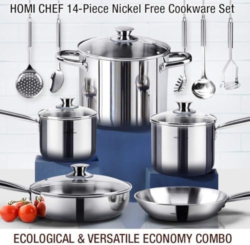 HOMICHEF 14-Piece Nickel Free Stainless Steel Cookware Set - Nickel Free Pots and Pans Set - Non-Toxic, Healthy Induction Cookware