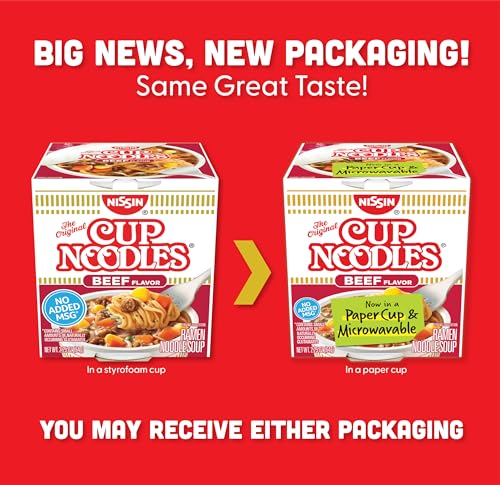 Nissin Cup Noodles Soup, Beef Flavor, Microwaveable Paper Cups, Instant Ramen, 2.25 Ounce (Pack of 12) | Instant Ramen Noodle Soup