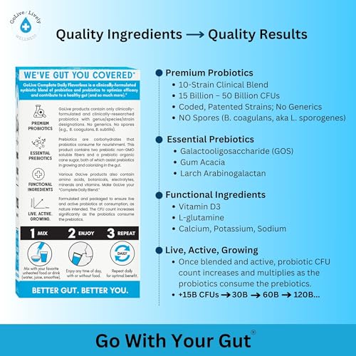 GoLive Prebiotic & Probiotic for Women, Men, Kids. Flavor-Free, Sugar-Free, Synbiotic Powder w/ GOS, L-Glutamine, Vitamin D3, Electrolytes. For Gut Health, Digestion, Metabolism, Immunity 15-50B CFUs. | Flavor-Free, Sugar-Free, All-Natural Ingredients, C…