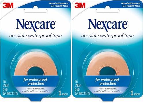 Nexcare Absolute Waterproof First Aid Tape, from The #1 Leader in U.S. Hospital Tapes, Stays on During Sports, Seals Out Water, Dirt and Germs, 1-Inch x 5-Yard Roll