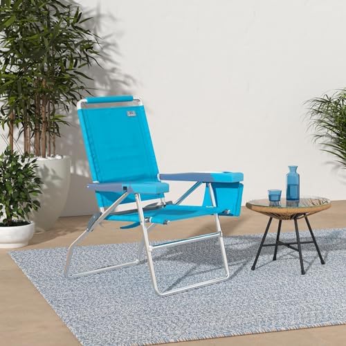 Rio Brands 17" Extended Height 4-Position Folding Beach, Camping, Lawn Chair, Blue/White/Green