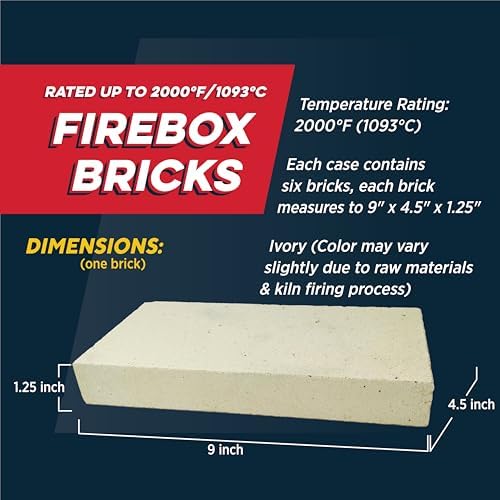 Rutland Fire Bricks, Properly Cured High Temperature FireBrick, USA-Made Residential Fire Clay Replacement for Wood Stove, Fireplace, & Pizza Oven, Size 9" x 4.5" x 1.25", 6-Pack, Tan
