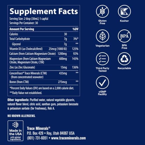 Trace Minerals Liquid Cal Mag Zinc with Vitamin D3, 16 fl oz, Pina Colada | Ionic trace minerals for absorption, Bone, muscle, and connective tissue health, 1-2 tbsp daily, Refrigerate after opening