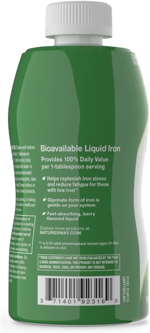 Nature’s Way Liquid Iron Supplement, 18 mg per Serving, Berry, 16 Fl Oz | Gentle Glycinate Iron, Fast-Absorbing Liquid, Iron for Red Blood Cell Support and Energy Metabolism*, No Sugar Added
