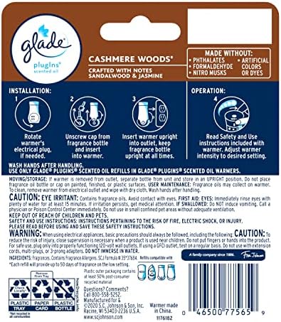 Glade PlugIns Refills Air Freshener Starter Kit, Scented and Essential Oils for Home and Bathroom, Cashmere Woods, 1.34 Fl Oz, 1 Warmer + 2 Refills