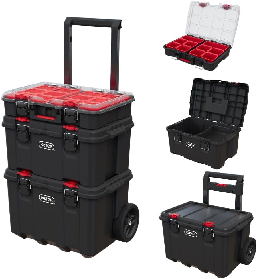Keter Masterloader Resin Rolling Tool Box with Locking System and Removable Bins – Perfect Organization and Storage Chest for Power Drill, Tape Measure, and Screwdriver Set, Black | Black, Heavy Duty, Weatherproof, All Terrain Wheels, Durable, Easy Slide…