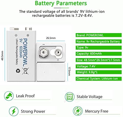 POWEROWL 9V Rechargeable Batteries 600mAh Lithium-ion Low Self Discharge Battery for Smoke Dectector and More 4 Pack