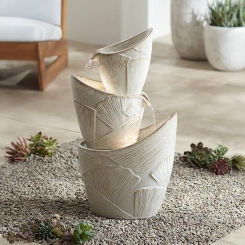 Coquina 30" Large Three Urn Modern Coastal Cascading LED Outdoor Fountain