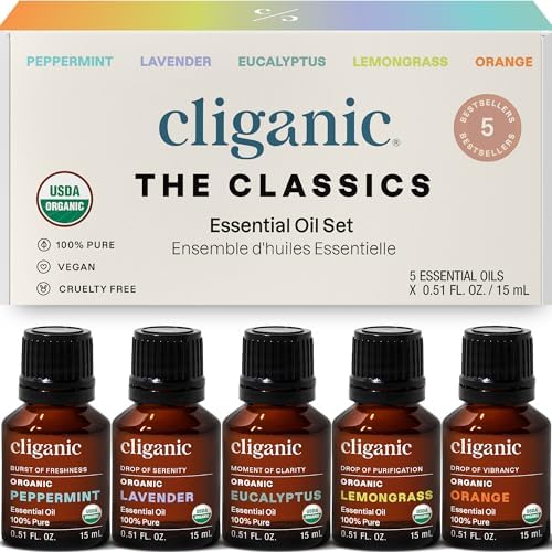 Cliganic Organic Essential Oils Set (Top 5 - The Classics) - 100% Pure Natural - Aromatherapy, Candle Making - Peppermint, Lavender, Eucalyptus