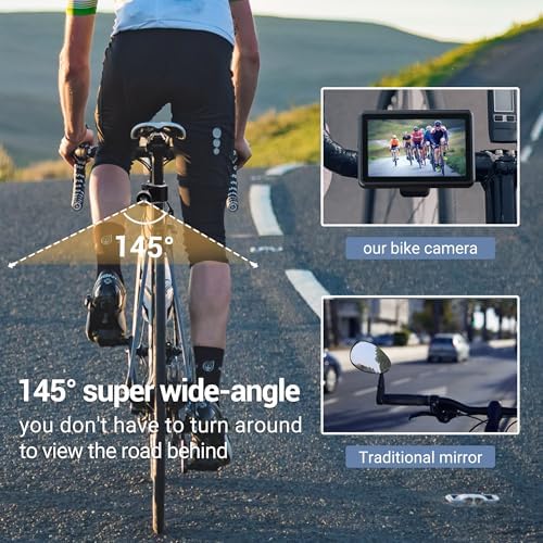 FEISIKE Handlebar Bike Mirror, Bicycle Rear View Camera with 4.3'' HD Night Vision Function, 145° Wide Angle View, Adjustable Rotatable Bracket