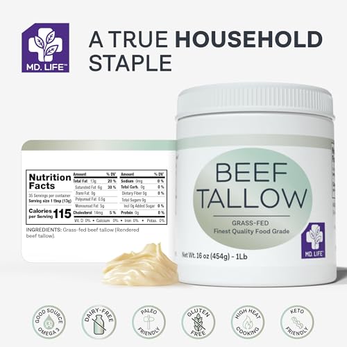 MD. Life Beef Tallow for Cooking - Food Grade Grass Fed Beef Tallow for Cooking Oil Replacement - 28 Ounce - Pasture Raised Keto Friendly Beef Tallow- Used to Make Candles & Soap