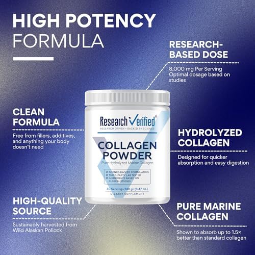 Research Verified® Collagen Powder - Hydrolyzed Marine Collagen Peptides - Unflavored - Skin Hydration and Elasticity, Muscle Recovery