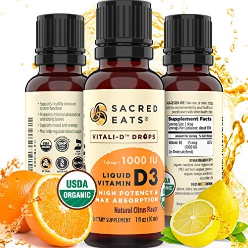 Organic Liquid Vitamin D Drops for Kids & Adults, Sugar Free. Easy to Use 1, 000 IU/Drop in Coconut MCT Oil. Lasts Months
