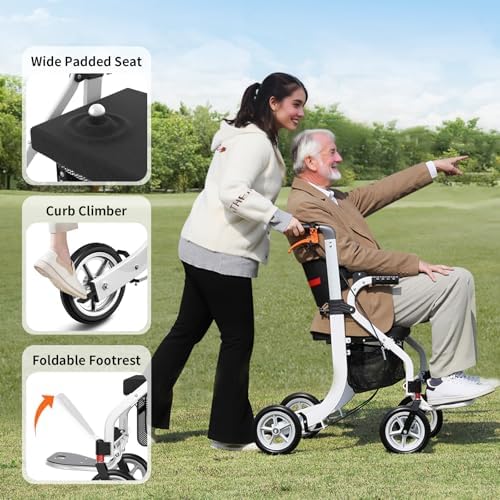 Nihhcune 4 in 1 Rollator Walker Transport Wheelchair Combo - No Assembly | 20lb Lightweight Mobility Rolling Walker with Seat for Seniors, Foldable Travel Chair, 8" All-Terrain Wheels, Supports 300lbs