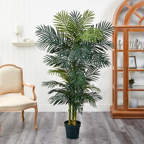 Nearly Natural 6.5 ft Artificial Golden Cane Palm Tree with Nursery Pot | Lifelike Silk Indoor Palm, Three Textured Trunks, Flexible Fronds, Low-Maintenance