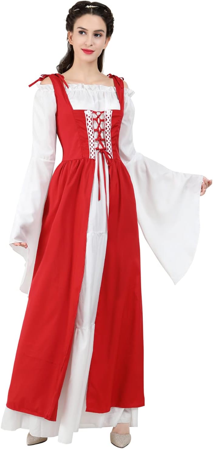 Kranchungel Renaissance Costume Women Dress: Flowy Long Sleeve Medieval Dress for Renaissance Faires & Medieval Festival