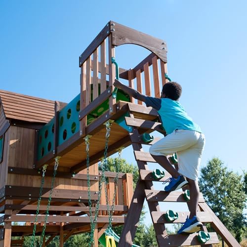 Backyard Discovery Woodridge Elite Cedar Wood Swing Set with Wave Slide, Clubhouse, Crawl Tunnel, Crow's Nest, Belt Swings, Trapeze, Rock Wall Ladder