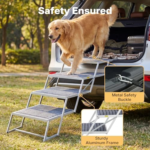 Veehoo Folding Dog Steps Large for Car Truck SUV, Dogs Car Stairs 20" Wide | 4 Steps Foldable Pet Step Aluminum Dog Stairs for Injured Senior Dogs Heavy Duty Pet Ramp Ladder Non Slip, up to 170lbs