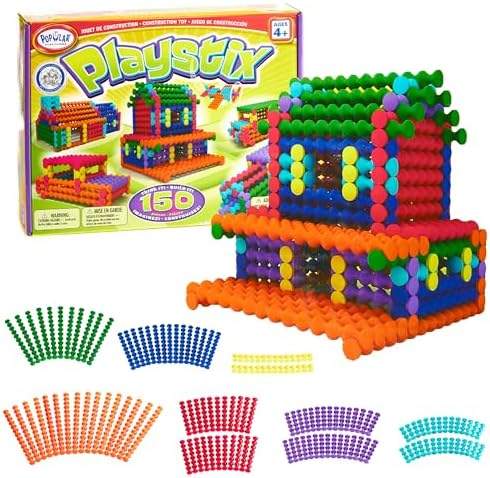 POPULAR PLAYTHINGS Playstix Construction Toy Set, 150 Piece Kit | for Kids Ages 4 and Up, Building Sticks for STEM and Classroom Use