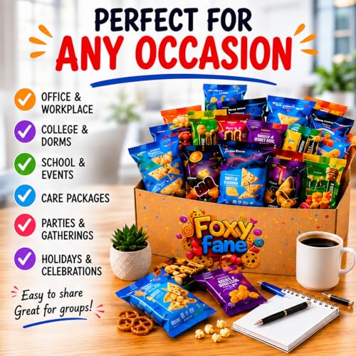 Foxy Fane 60-Count Healthy Snack Box Care Package, Variety Pack of 60 Individually Wrapped Sweet and Savory Snacks, Assorted Gift Basket for Office