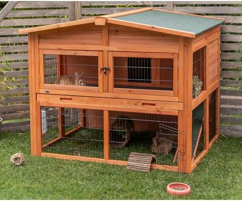 TRIXIE natura Outdoor Rabbit Hutch with Run - 2-Story Rabbit Cage with Non-Slip Ramp - Medium Elevated Small Animal House with Secure Playpen, Hinged Roof & Pull-Out Tray - in Brown