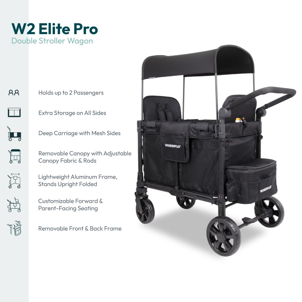 WonderFold W2 Stroller Wagon, Steel Frame, 2 Seater, Black