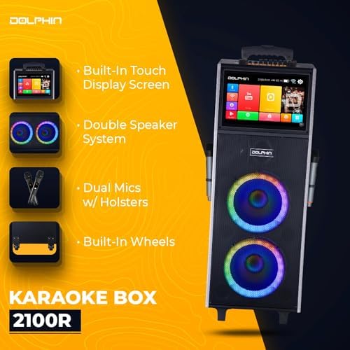 Dolphin KB-2100R Karaoke Machine with 2 Wireless Mics, Dual 10" Woofers | 14" Touchscreen, Android 11.1, Bluetooth, USB, TF, FM & AUX Inputs