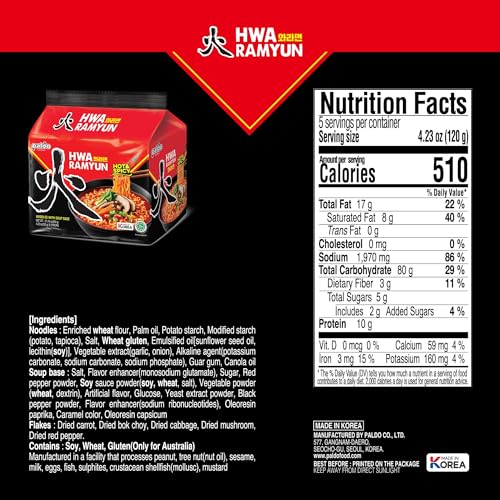 Paldo Fun & Yum Hwa Ramyun, Authentic Korean Imported, Spicy Soup Ramen, Quick & Easy to Cook Instant Noodles, Family Size 4/5-Pack