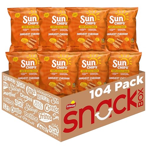SunChips 100% Whole Grain Chips, Harvest Cheddar, 1 oz Bags, Pack of 104, No Artificial Flavors, No Colors from Artificial Sources