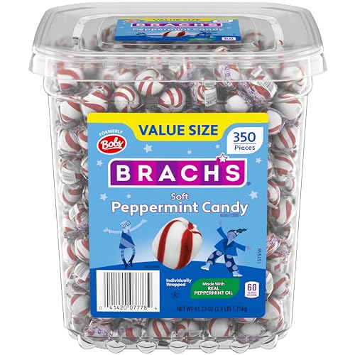 Brach's Sweet Stripes Soft Peppermint Candy, Individually Wrapped, 350 Ct | Melt-away soft peppermint mints, red & white, real peppermint oil, individually wrapped, party, candy dish
