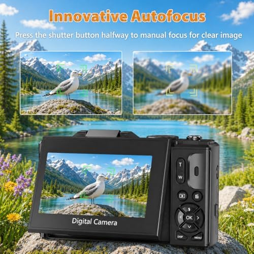 4K Digital Camera for Photography, 64MP Vlogging Camera for YouTube with 3" 180° Flip Screen, WiFi Compact Camera with 18X Digital Zoom, Comes with 32GB Micro SD Card & 2 Batteries, Black