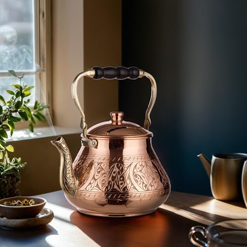 DEMMEX Large Copper Teapot, 1mm Thick, Engraved, Handcrafted in Turkey, 3.1 Quarts (2.9L)