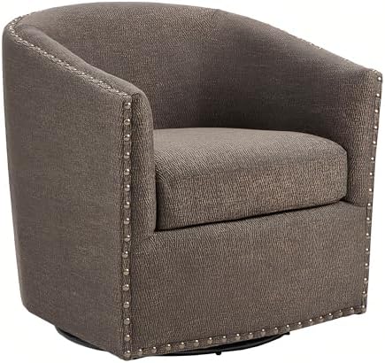 Madison Park Swivel Barrel Accent Chair, Upholstered Curved Back with 7-Inch Thick Woven Cushion, 360° Swivel, Nailhead Trim, Comfy Chair for Living Room, Bedroom, Office, 28" Wide, Neutral, Tyler