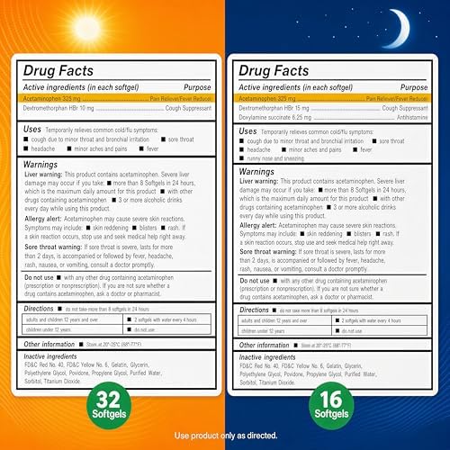 AXIV Day & Night Cold & Flu Medicine Combo Pack Softgels, Daytime & Nighttime Relief for Headache, Fever, Sore Throat, Minor Aches & Pains, & Cough