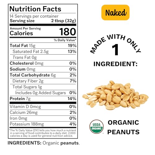 Spread The Love NAKED Organic Peanut Butter, 16 oz Jar, 1 Pack
