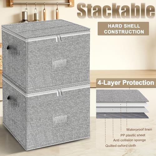 4PCS China Storage Containers, Hard Shell Dish Storage Containers w/ Felt Dividers, Quilted Plate Storage Cases for 12 Place Setting Charger Plates Dinnerware, Stackable Moving Boxes for Dishes