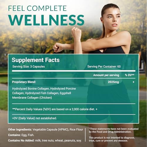 Multi Collagen 180 Protein Capsules - Type I, II, III, V, X Collagen Pills - Proprietary Blend of Eggshell, Chicken