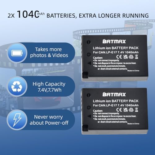Batmax 2Packs LP-E17 Battery + LED Charger for Canon EOS Rebel SL2 SL3 T6i T6s T7i, EOS M5 M3 M6, M6 mark2