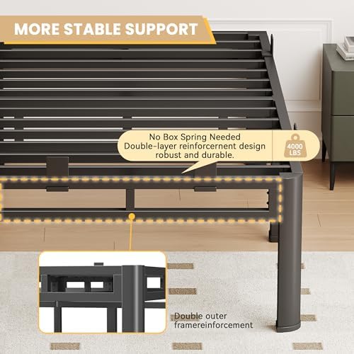 Full Size Bed Frame Metal,14 Inch Heavy Duty Double Layer Platform Black | Easy Assembly,Noise Free,4000lbs Capacity,6 Mattress Stoppers,Round Corner Legs,Headboard Holes,Anti-Slip Rubber Foot Pads
