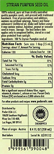 PÖDÖR Premium Styrian Pumpkin Seed Oil - 8.4 fl. Oz. - Cold-Pressed, 100% Natural, Unrefined and Unfiltered, Vegan, Gluten-Free, Non-GMO in Glass Bottle