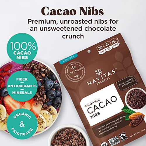 Navitas Organics Cacao Nibs – Unsweetened Dark Chocolate Crunch – Antioxidants, Minerals, Fiber – For Trail Mix, Baking & More – USDA Organic, Fairtrade, Non GMO, Gluten Free, Non-alkalized (8oz. Bag 76 Servings)