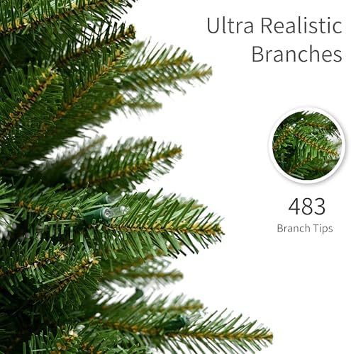 Puleo International 7.5ft Pre-Lit Slim Fraser Christmas Tree with 500 Warm White LED Lights, 1453 Realistic Dense Branch Tips, Easy Setup Artificial Trees with Sturdy Metal Stand