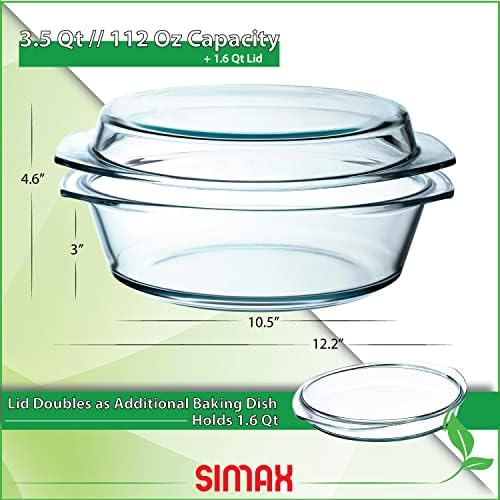 Simax Round Glass Casserole Dish, Clear Glass Round Casserole Dish with Lid and Handles, Covered Bowl for Cooking, Baking, Serving, Microwave